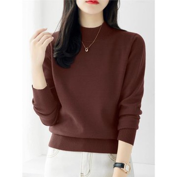 春季深棕色氣質寬松厚款內搭打底上衣新款長袖針織衫女半高領毛衣