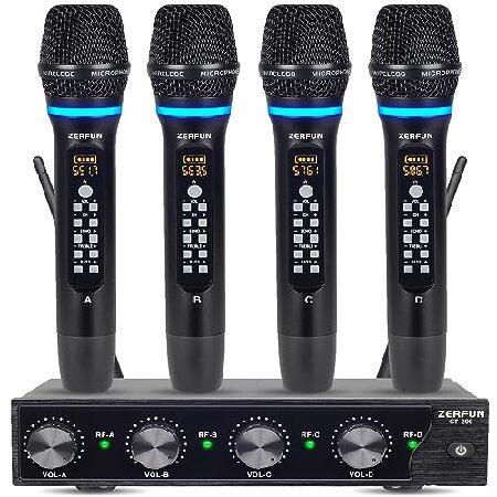 ZERFUN GT-200 Rechargeable Wireless Microphone System 4-Channel, UHF Metal Handheld Wireless Mics Cordless Microphones with Echo Treble BASS VOL Chann