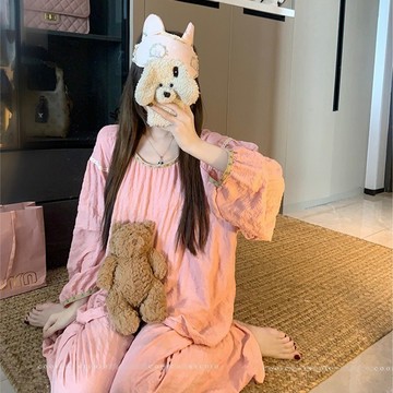 睡衣  帶胸墊  花邊圓領睡衣 可外穿 家居服 寬鬆睡衣 休閒睡衣 性感睡衣 長袖長褲 兩件套 睡衣套裝