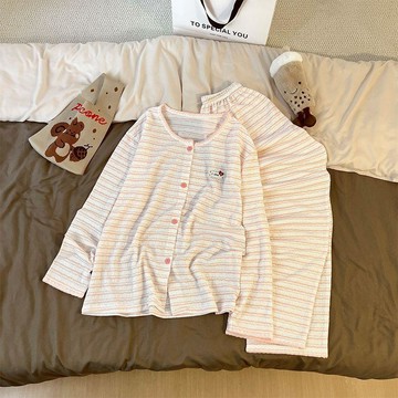 可可裡🌺粉色條紋睡衣女春秋季新款長袖長褲秋冬款圓領可愛開衫家居服套裝