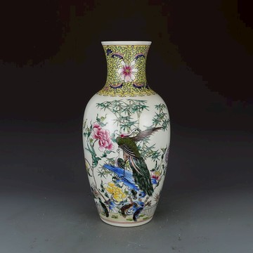 清康熙瓷器五彩錦地孔雀觀音瓶古董古玩收藏品真品景德鎮仿古花瓶