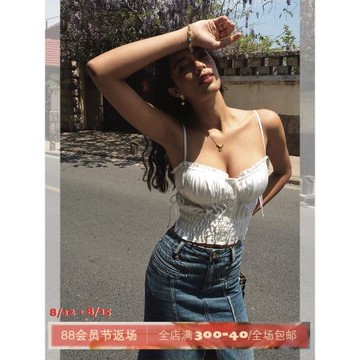 ITSNIKAR 復古褶皺設計感緞面吊帶背心女夏季辣妹緊身無袖短上衣