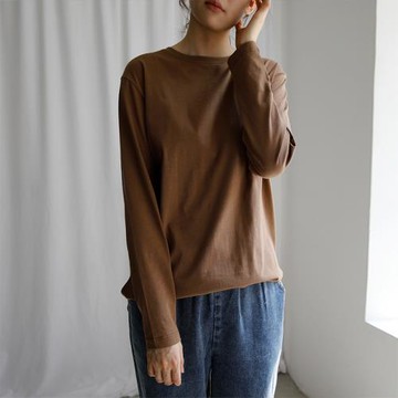 藝間出品 文藝寬松簡約純棉長袖純色打底衫2025春秋 咖色白色