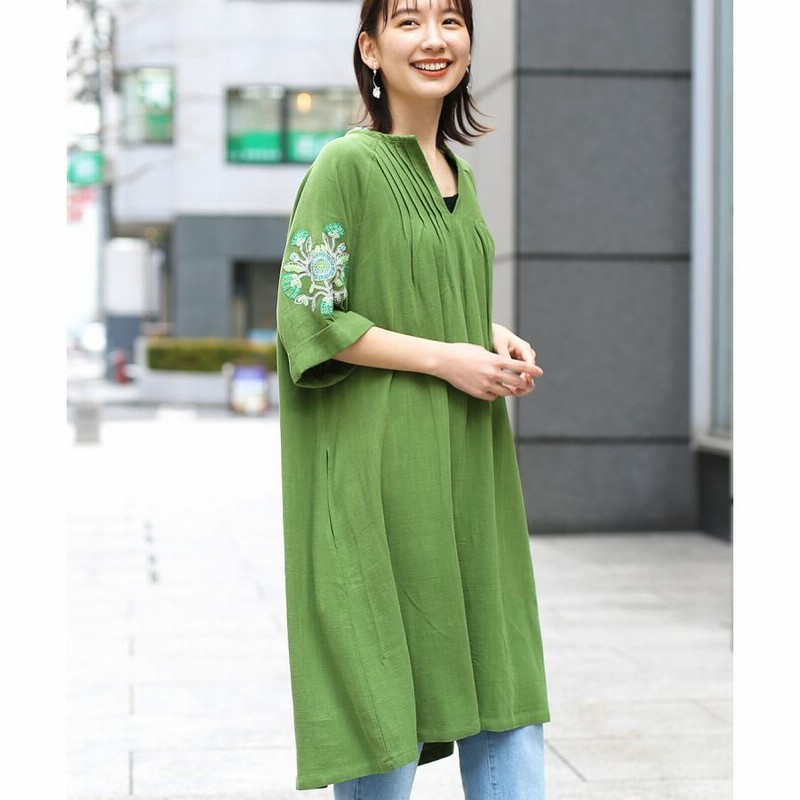 ワンピース レディース 春 夏 半袖 五分袖 折り返し 刺繍