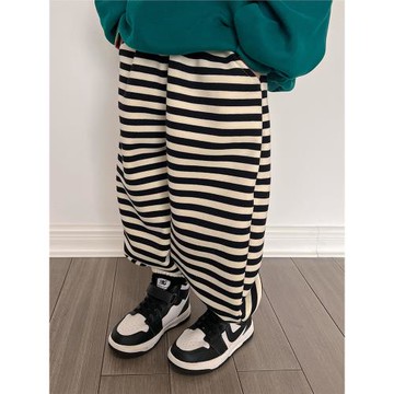 女童條紋褲秋冬休閑褲男童韓版寬松運動褲寶寶衛褲兒童加絨褲子潮