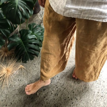 秋亞麻 寬筒口袋褲