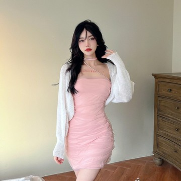 2022夏季時尚針織開衫防曬衣+純欲風網紗抹胸連衣裙御姐兩件套裝