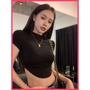 🌈ATC✨🔣 純棉短袖t恤女半高領抽褶修身短款顯瘦甜辣緊身韓版甜美打底衫女