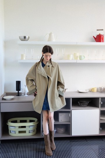 Spring復古 格紋中長款風衣外套