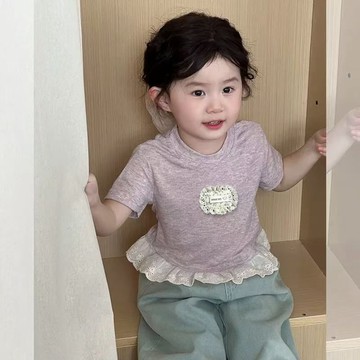 女童短袖T恤夏季新款韓版洋氣蕾絲花邊兒童森系女寶寶ins上衣中小童女童短袖兒童短袖T恤女韓版上衣女夏季短袖女童