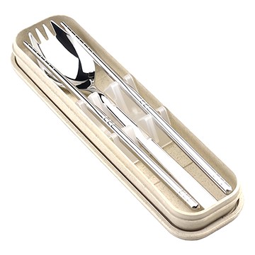 二合一不鏽鋼便攜餐具組  1組  叉匙 + 圓筷  米色 + 銀色