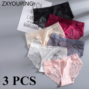 3 件裝全新女式內衣冰絲無縫內褲拼布蕾絲邊內褲鏤空性感透氣棉襠