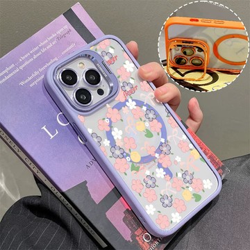 彩色花朵 磁吸手機殼 金屬鏡頭支架 保護殼 適用於iPhone 17 16 15 14 13 12 11 Max防摔殼