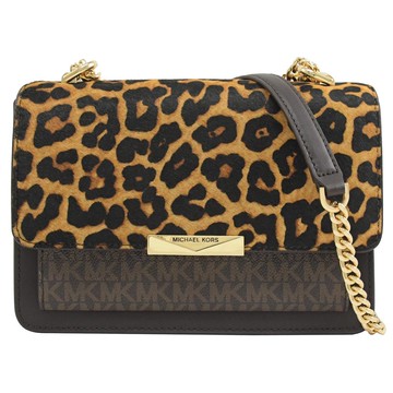 MICHAEL KORS JADE 豹紋印花毛布翻蓋肩斜背鍊包.深咖