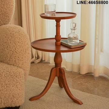 免運 開立發票 茶几 邊幾 小邊桌 雙層小茶幾圓形實木復古茶幾柜陽臺小邊幾家用木質中古風家具