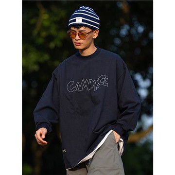 CAMDRCE 春季新款360g重磅日系手繪印花字母t恤長袖圓領上衣男秋