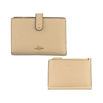 COACH 燕麥色素面皮革二合一釦式雙摺中夾