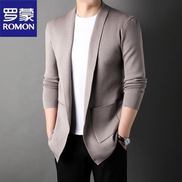 Romon/羅蒙春秋新款男士西裝式針織開衫寬松休閑中長款毛衣外套薄