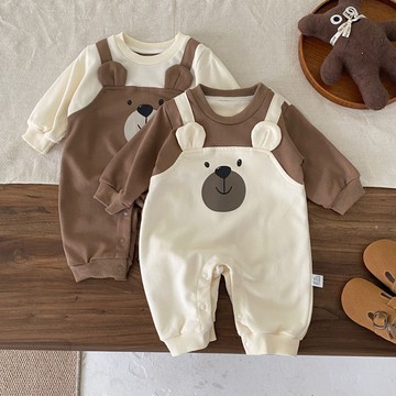 韓版嬰兒寶寶秋裝小熊假兩件長袖連體衣新生兒衣服可愛爬服連體衣鑫弘-萌寶童裝可開發票