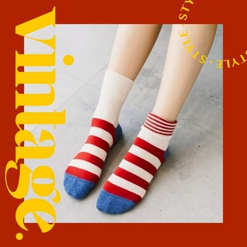 現貨日系百搭翻口條紋撞色棉質女襪 不起毛球不褪色中筒襪短襪