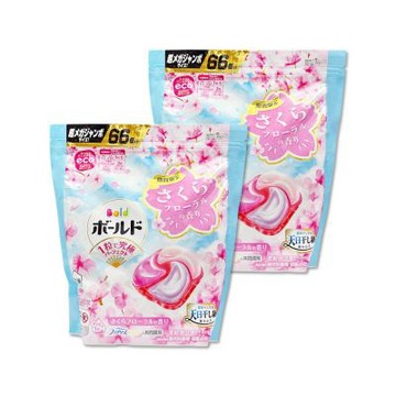 (2袋132顆超值組)日本P&G-Bold強洗淨4合1消臭柔軟香氛洗衣凝膠球66顆/袋-櫻花香(粉藍)(期間限定洗衣膠囊,筒槽防霉洗衣球,衣物柔順好熨燙,全洗衣機型適用)