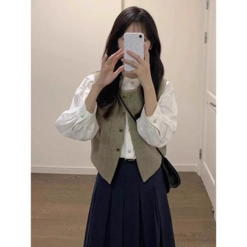 2025秋季新款女裝套裝韓劇穿搭小洋裝復古學院風法式襯衫三件套女