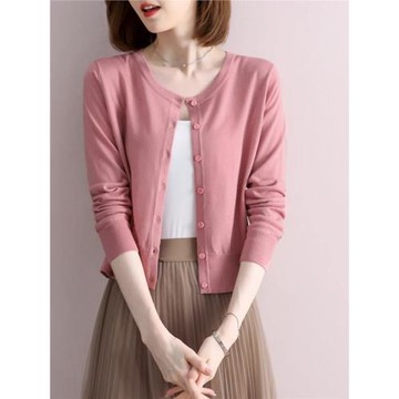 時尚朗姿早秋新款羊毛針織女開衫圓領長袖薄款外搭短款毛衣配裙子