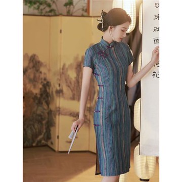 亭楓夏季復古中長款豎條紋八扣改良修身旗袍媽媽優雅顯瘦女連衣裙