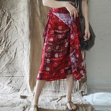一言棉麻春夏新品復古國風原創異域印花裹身半裙慵懶民族旅行長裙