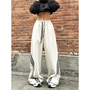辣到中暑美式復古辣妹街頭風條紋休閑衛褲抽繩束腳寬松拖地褲百搭