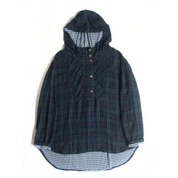 日系森女長袖襯衫女新款2025春襯衣雙層棉紗墨綠格子文藝休閑連帽