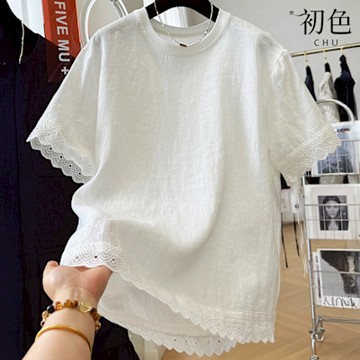 初色 簡約純色蕾絲花邊薄款寬鬆圓領短袖T恤上衣女上衣-白色-12576(M-2XL可選)