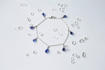 水滴切面天然藍晶925純銀手鍊 水晶 閃光 美國製造部件