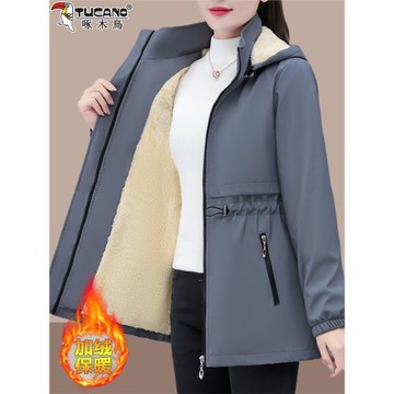 啄木鳥加絨風衣外套女中長款秋冬季2025新款中年媽媽加厚保暖夾克