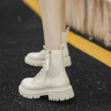 真皮馬丁靴女2025年秋季新款秋冬百搭白色靴子英倫風單靴粗跟短靴