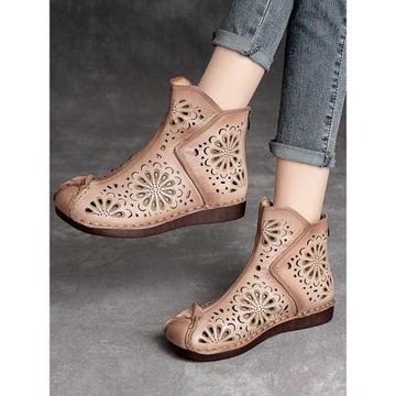 藝鞜2026復古休閑手工縫制涼鞋花色激光鏤空洞洞涼靴高幫拉鏈女鞋
