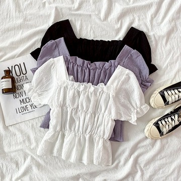 夏季歐洲站泡泡袖襯衫女木耳邊設計感小眾時尚洋氣韓系風格上衣潮