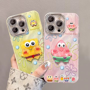 暈染立體卡通貼片適用於蘋果16手機殼13/12Pro防摔新款比奇堡立體xs男女情侶14plus卡通羽紗殼iPhone15