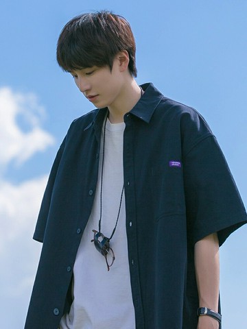 襯衫 日系少年感藏藍色短袖 男夏季襯衣 美式工裝外套【不二雜貨】