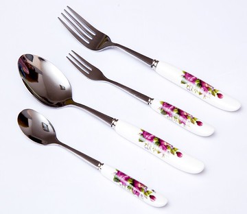 陶瓷柄不銹鋼西餐叉勺咖啡攪拌勺咖啡勺水果叉糕點甜點叉下午茶勺