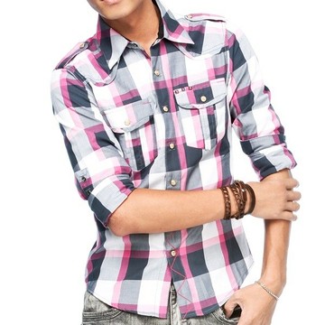 精梳棉桃紅格子金字塔撞釘長袖襯衫