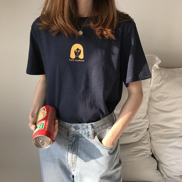 短袖t恤女夏季新款韓版簡約寬松印花百搭學生圓領套頭上衣潮1入