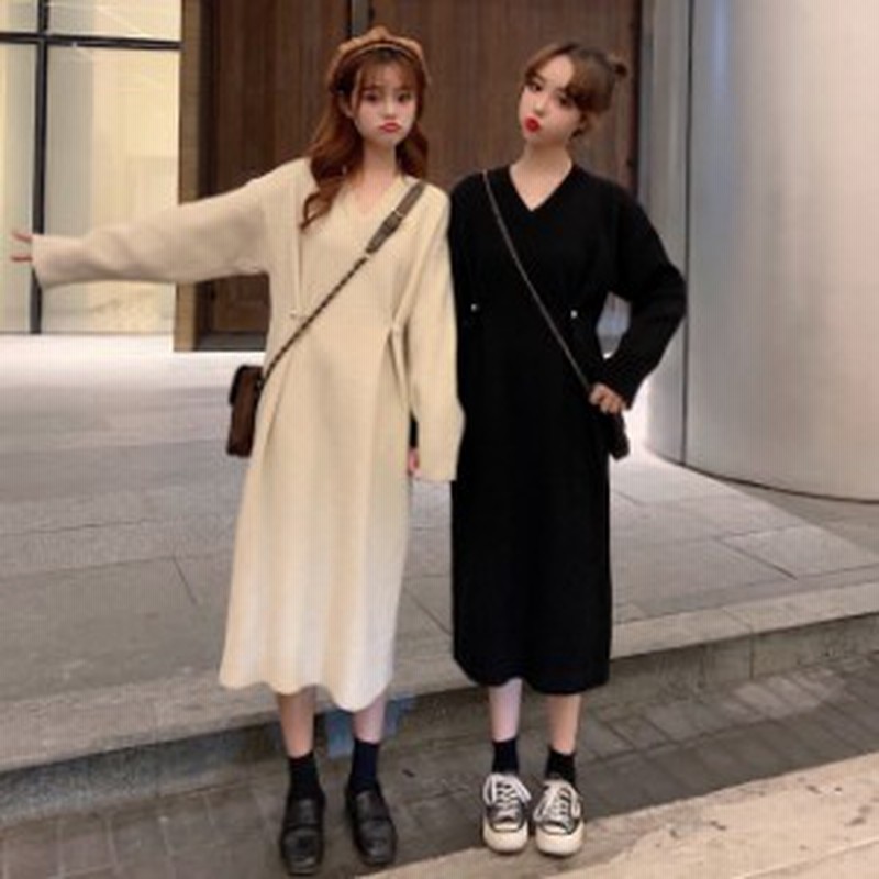 ニットワンピース Vネック ロングニットワンピ 韓国 ファッション レディース 春服 ワンピース パールボタン ウエストマーク ロングワン 通販 Lineポイント最大1 0 Get Lineショッピング