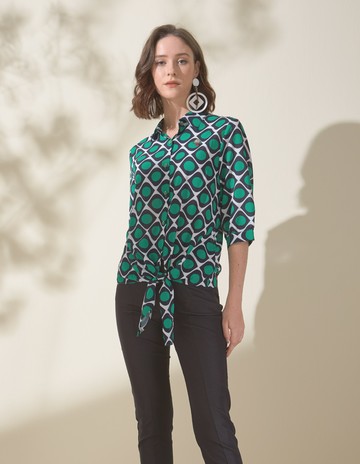 ★【喜芝梅】普普風藝術圖案五分袖襯衫型上衣(綠色；M-3L) 122730259