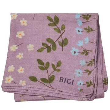BIGI 香芋淺紫底綠葉小碎花印花字母LOGO帕領巾(芥末黃系/48CM)