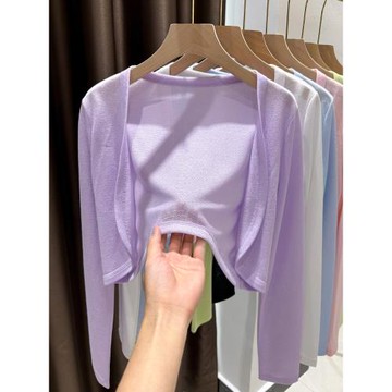 薄款長袖披肩女夏季短款小坎肩防曬開衫配吊帶裙外搭冰絲針織罩衫