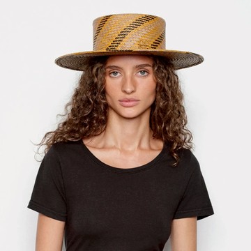 Ruslan Baginskiy RB黃黑斜條編織平頂草帽 - M