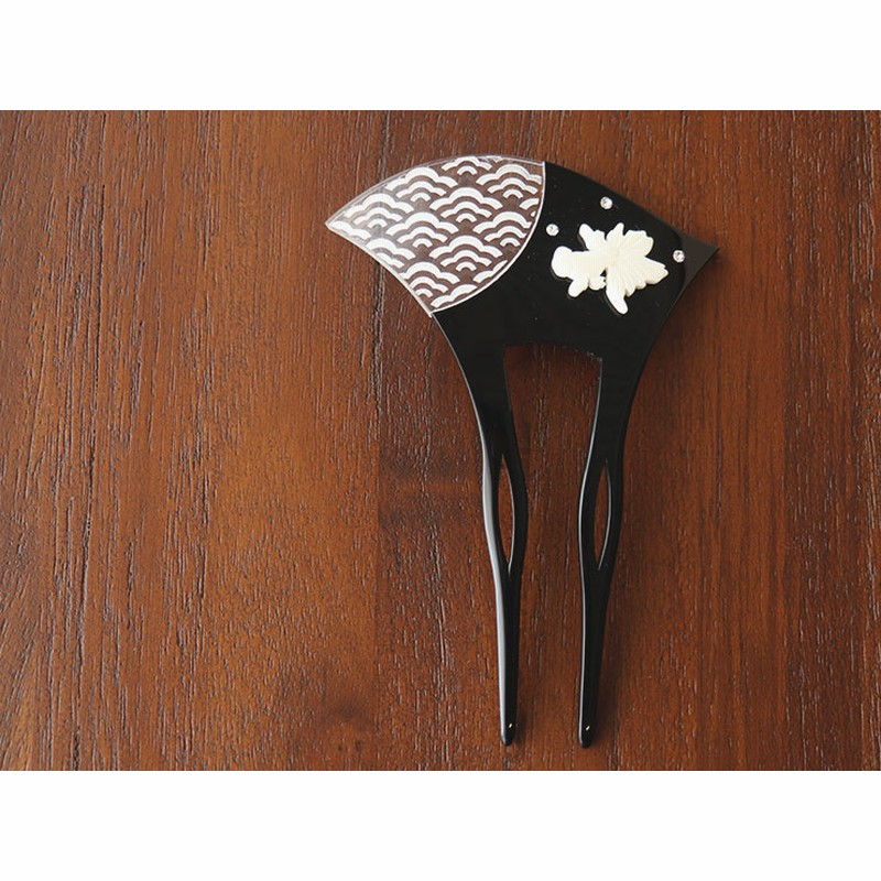 銀かんざし　花と波の模様 オリジナル箱入り かんざし 簪 銀杏型 バチ型 花しおり バチ型＜黒色系・べっこう