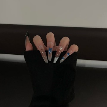 🎀Hannah🎀新年優選純手工穿戴甲韓係可萊茵藍美甲穿戴甲星星波點長款氣質顯白美甲貼長款2026新款上新KI2120