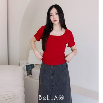 【夏季新品】BeLLA 後腰扭結方領上衣 紅色